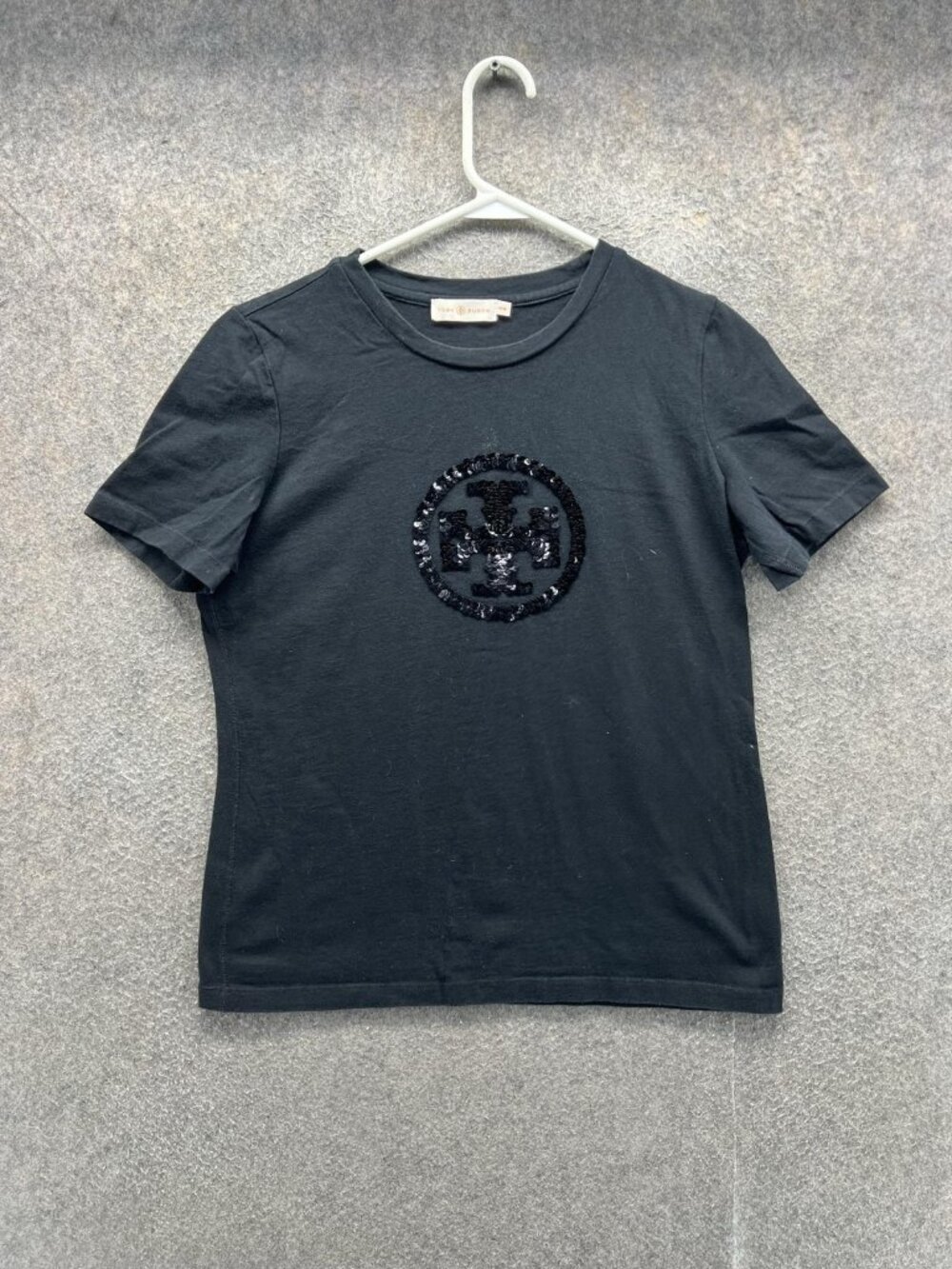Tory Burch Shirt Women Medium Black Crew Neck Short Sleeve Sequin Logo Tee